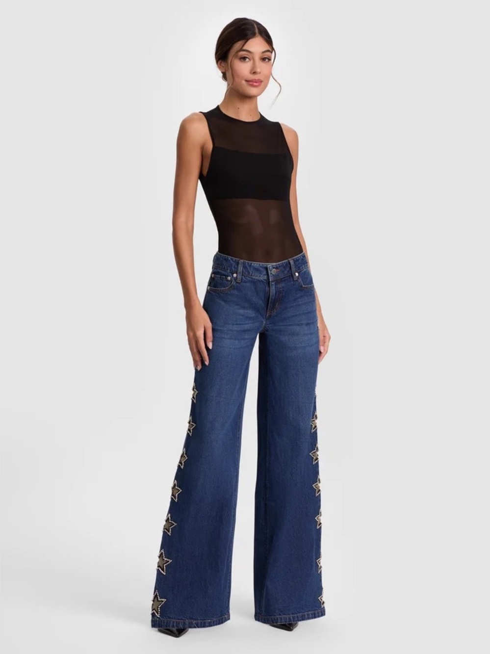 Alice + Olivia Dark Blue Wide-Leg Jeans with Star Embellishments - Picture 5 of 6